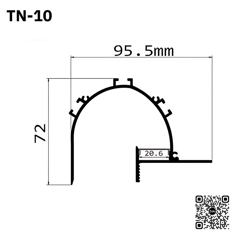 Bản vẽ kỹ thuật nhôm định hình TN-10 dạng vòm kích thước 95.5mm x 72mm cho đèn LED